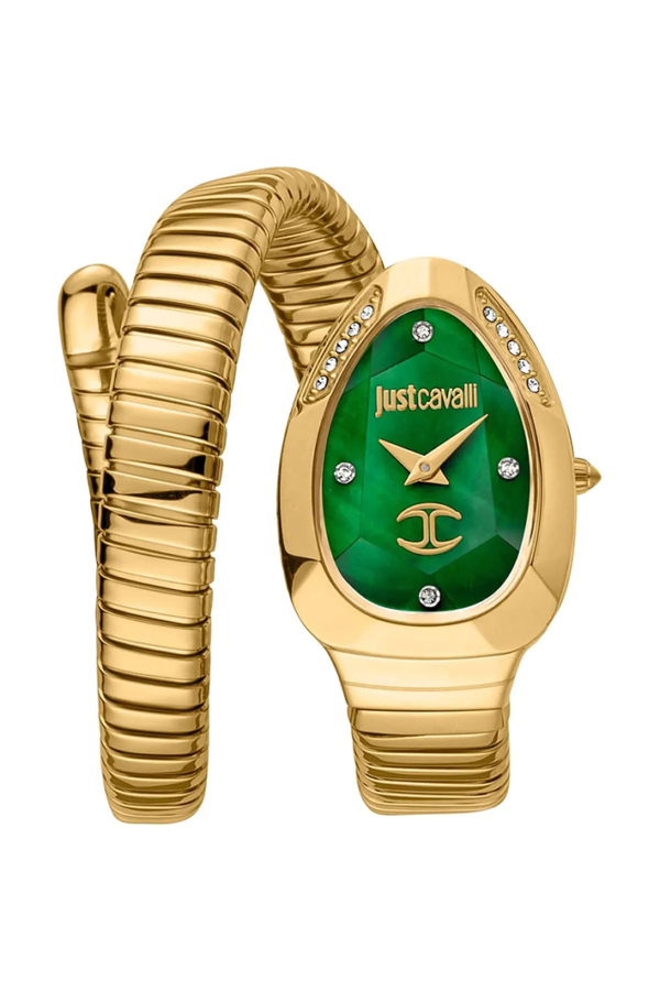 Just Cavalli JC1L229M0035 Women’s Signature Snake Watch – Gold Stainless Steel Bracelet with Green Dial, 22mm Luxury Quartz Timepiece
