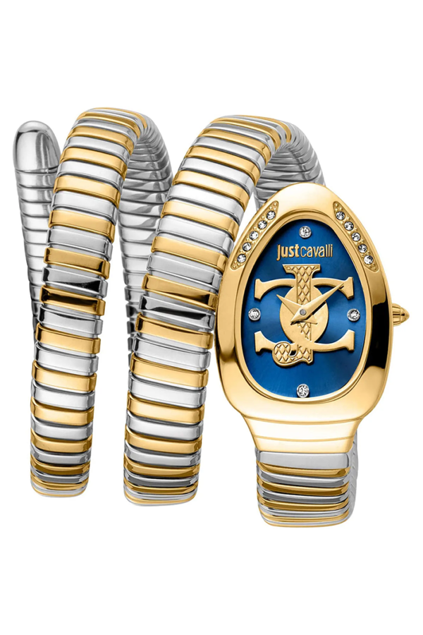 Just Cavalli Women’s JC1L228M0075 Quartz Watch – Signature Snake Design, Blue Dial & Two-Tone Stainless Steel Bracelet