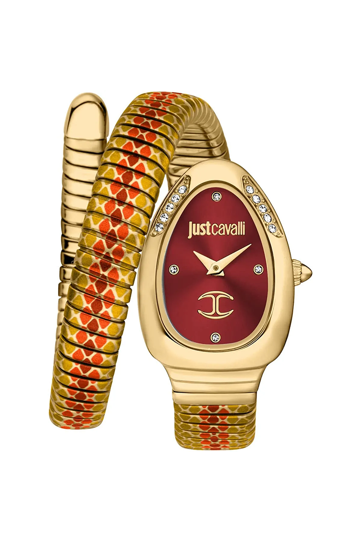 Just Cavalli Women’s JC1L251M0045 Quartz Watch – Signature Snake Design, Red Dial & Multicolored Stainless Steel Bracelet