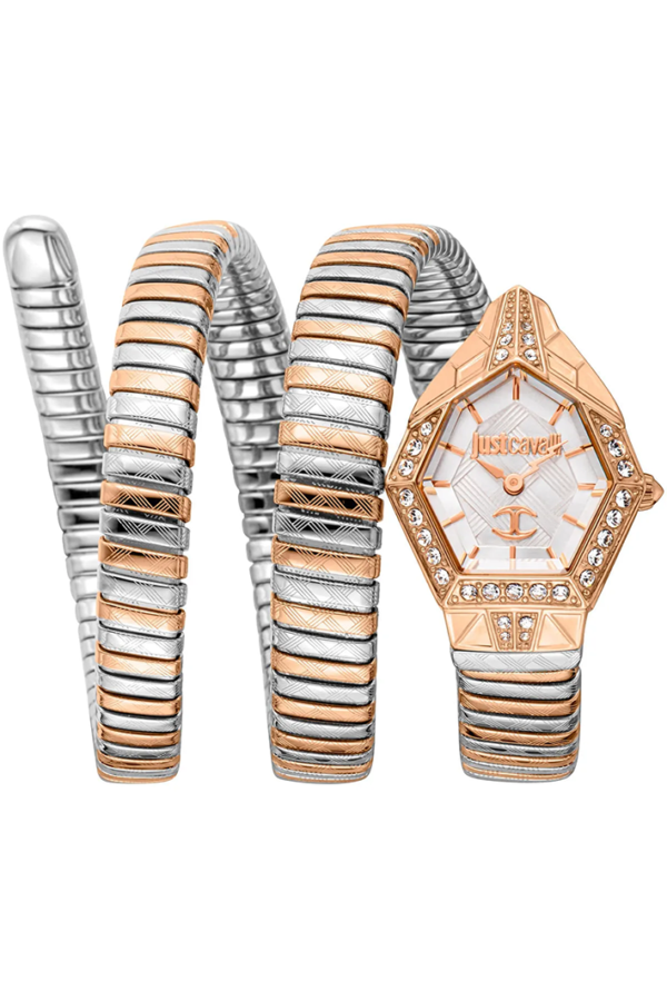 Just Cavalli Women’s JC1L304M0075 Quartz Watch – Signature Snake Design, Silver Dial & Two-Tone Stainless Steel Bracelet