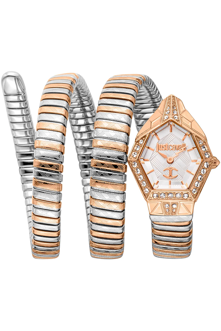 Just Cavalli Women’s JC1L304M0075 Quartz Watch – Signature Snake Design, Silver Dial & Two-Tone Stainless Steel Bracelet