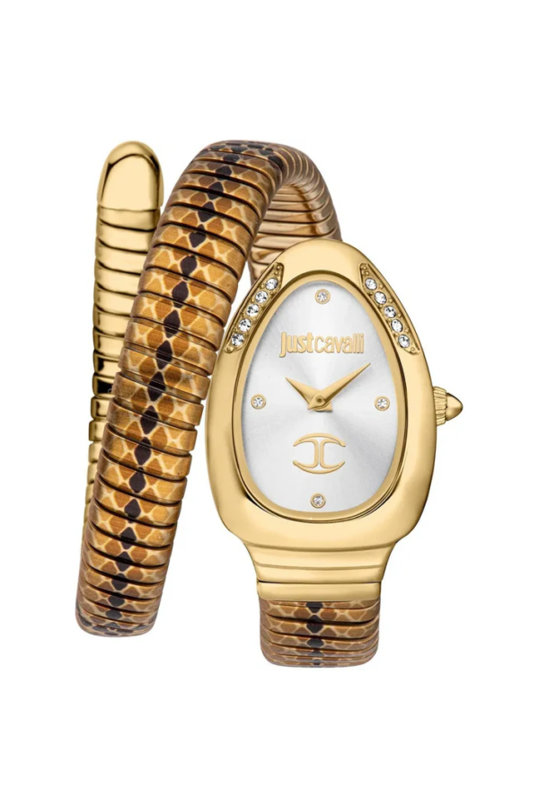 Just Cavalli JC1L251M0025 Women’s Signature Snake Watch – Gold Stainless Steel Bracelet with Silver Dial, Oval Luxury Quartz Timepiece