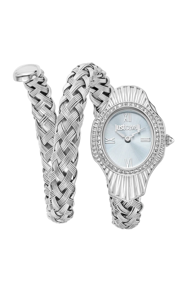 Just Cavalli Women’s JC1L305M0015 Quartz Watch – Signature Snake Design, Blue Dial, Stainless Steel Bracelet