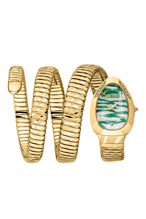 Just Cavalli Women’s JC1L226M0035 Quartz Watch – Signature Snake Design, Green & Silver Dial, Gold Stainless Steel Bracelet