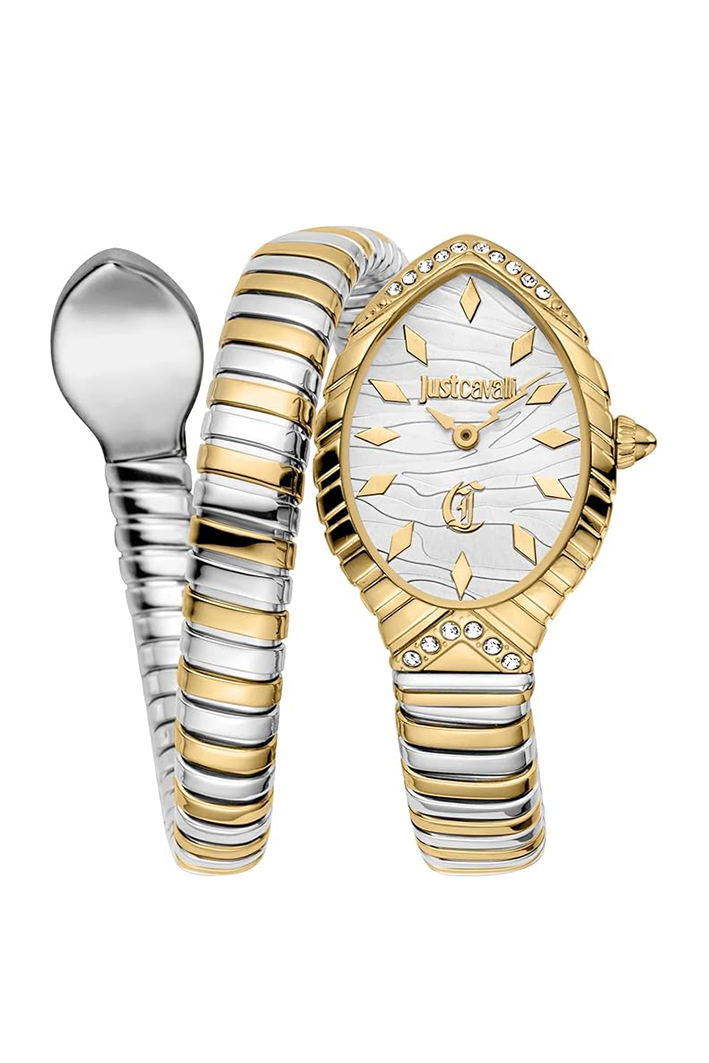 Just Cavalli Women’s JC1L322M0055 Quartz Watch – Unica Snake Design, Silver Dial & Two-Tone Stainless Steel Bracelet