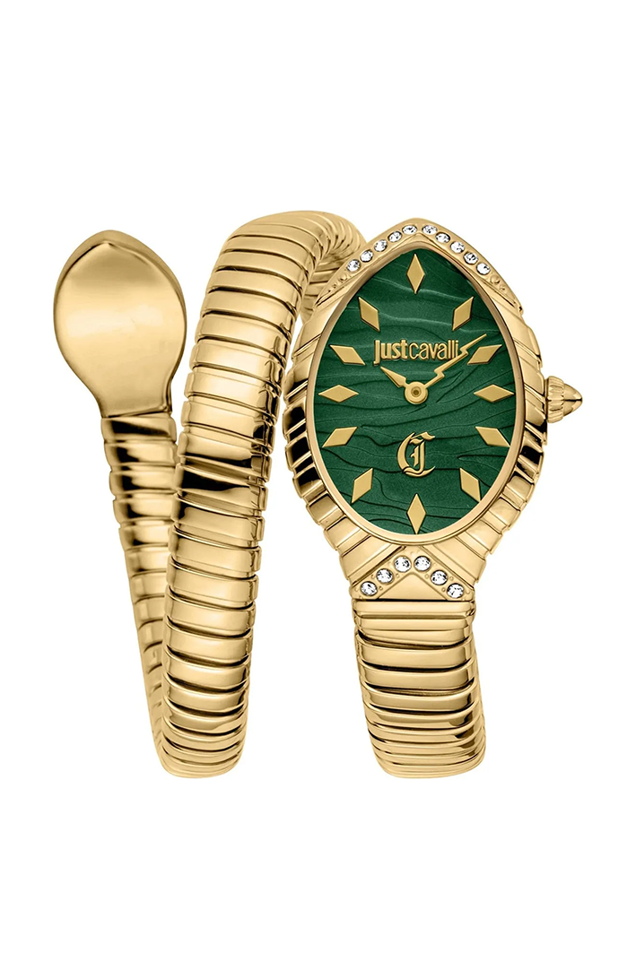 Just Cavalli JC1L322M0035 Women’s Signature Snake Watch – Gold Stainless Steel with Green Dial, 32mm Luxury Quartz Timepiece