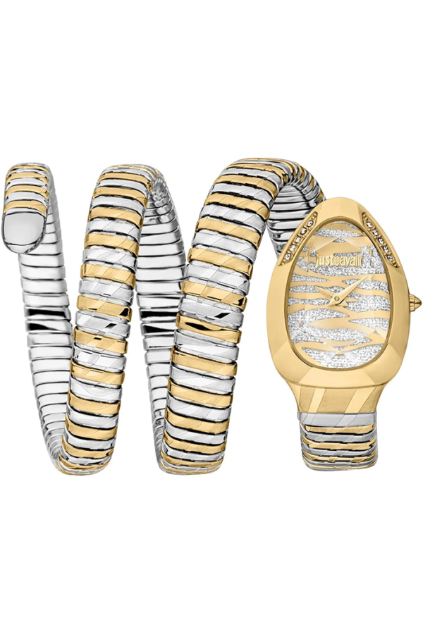 Just Cavalli JC1L226M0055 Women’s Signature Snake Watch – Two-Tone Stainless Steel Bracelet with Gold & Silver Dial, Oval Luxury Quartz Timepiece