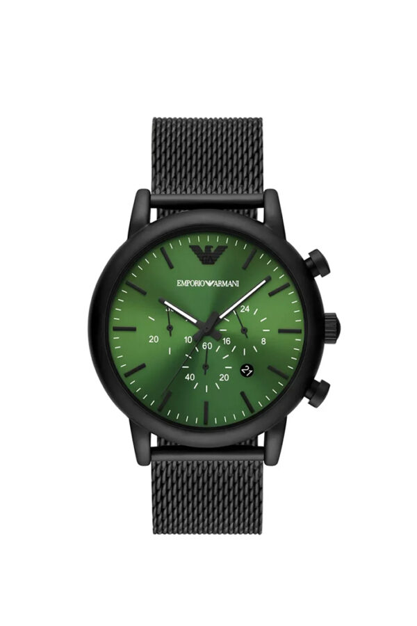 Emporio Armani AR11470 Luigi Men's Chronograph Watch – Green Dial, Black Stainless Steel Strap, 46mm Quartz