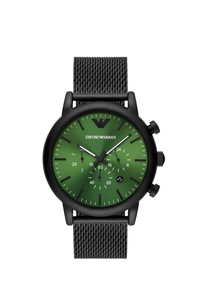 Emporio Armani AR11470 Luigi Men's Chronograph Watch – Green Dial, Black Stainless Steel Strap, 46mm Quartz