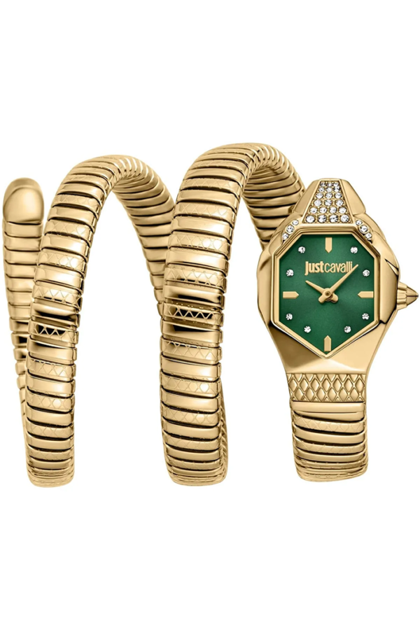 Just Cavalli Women’s JC1L370M0035 Quartz Watch – Signature Snake Design, Green Dial & Gold Stainless Steel Bracelet