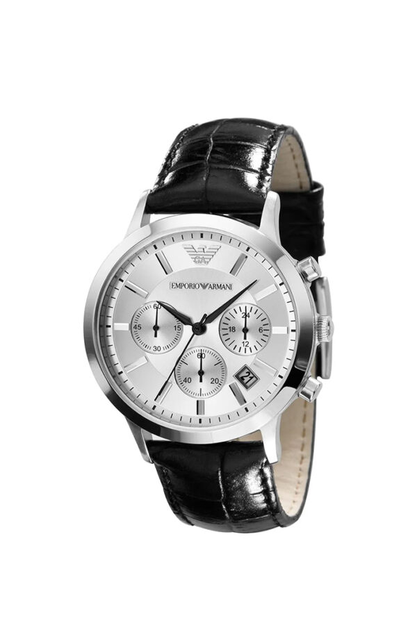 Emporio Armani Renato Uni Men’s Watch AR2436 – Silver Dial, Black Genuine Leather Strap, 39mm