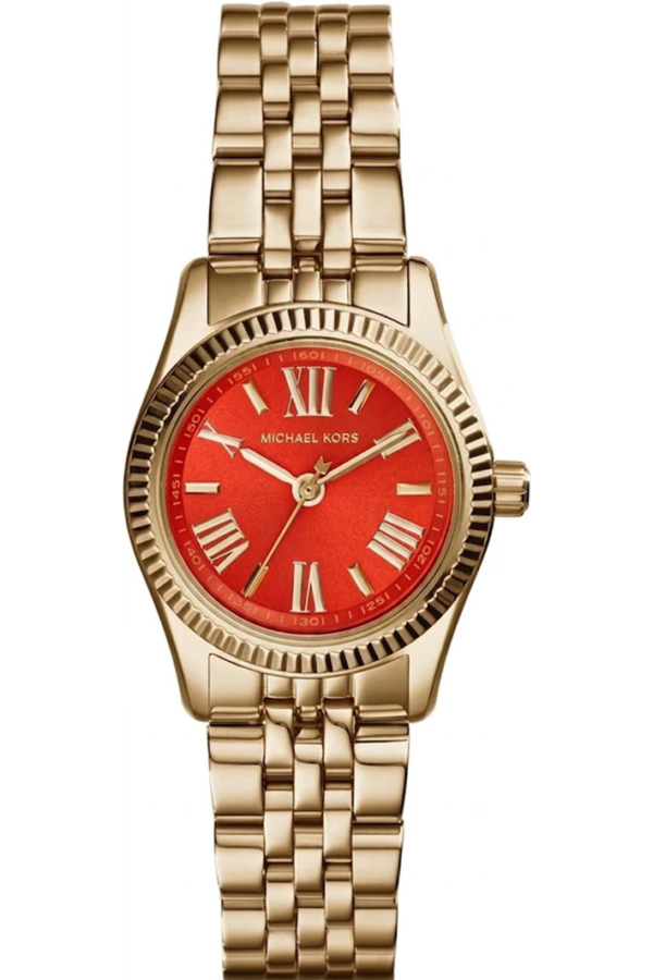 Michael Kors MK3284 Women’s Watch – Red Dial, Gold Stainless Steel Bracelet, Fluted Bezel, Quartz Movement